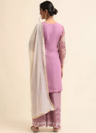 Flattering Lavender Faux Georgette Salwar Suit with Embroidered, Stone and Zari Work