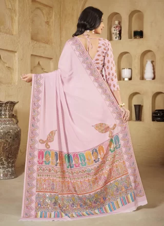 Flattering Pink Crepe Silk Contemporary Sari with Digital Print and Foil Print Work