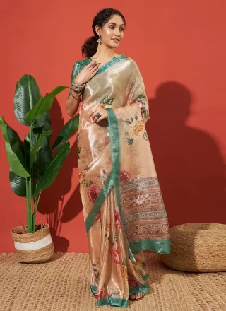 Flawless Orange Tissue Classic Saree with Print Work