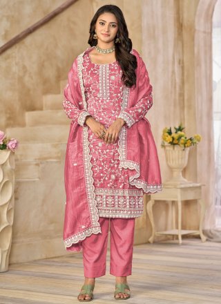 Flawless Pink Organza Salwar Suit with Embroidered and Sequins Work