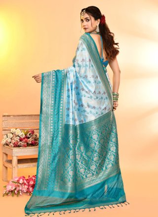 Floral Aqua Blue and Rama Silk Classic Saree