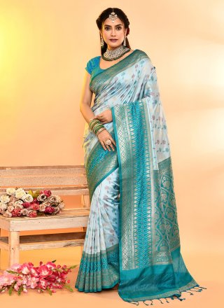 Floral Aqua Blue and Rama Silk Classic Saree