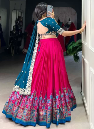 Floral Patch and Foil Print Work Tussar Silk A - Line Lehenga Choli In Rani