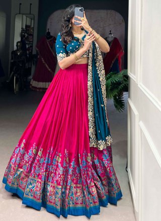 Floral Patch and Foil Print Work Tussar Silk A - Line Lehenga Choli In Rani