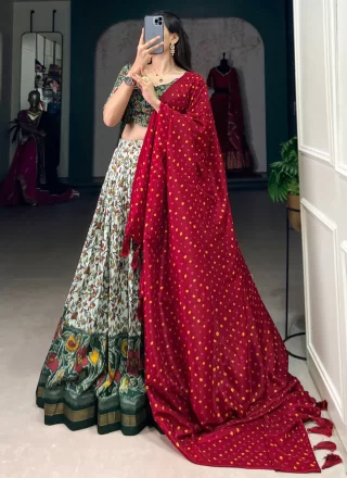 Floral Patch and Foil Print Work Tussar Silk Lehenga Choli In Aqua Blue and Green for Ceremonial