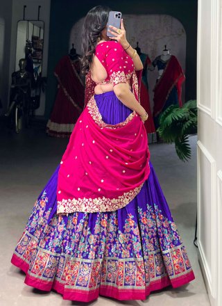 Floral Patch and Foil Print Work Tussar Silk Lehenga Choli In Blue for Ceremonial