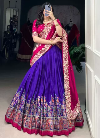 Floral Patch and Foil Print Work Tussar Silk Lehenga Choli In Blue for Ceremonial