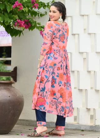 Floral Patch and Lace Work Georgette Readymade Salwar Suit In Pink Colour