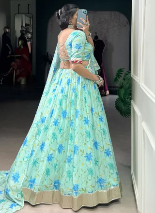 Floral Patch and Lace Work Silk Readymade Lehenga Choli In Aqua Blue Colour