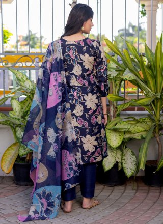 Floral Patch and Print Work Blended Cotton Salwar Suit In Blue Color
