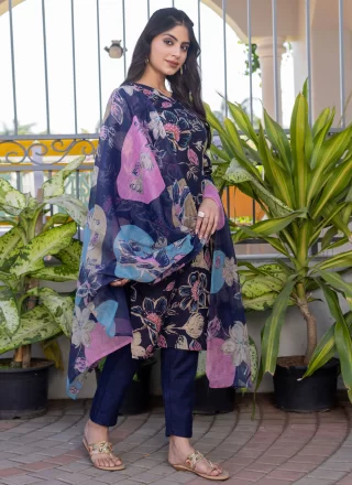 Floral Patch and Print Work Blended Cotton Salwar Suit In Blue Color