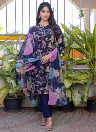 Floral Patch and Print Work Blended Cotton Salwar Suit In Blue Color