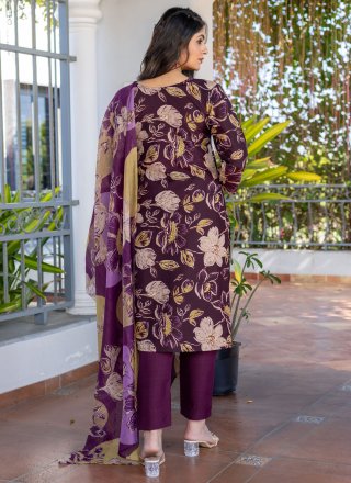 Floral Patch and Print Work Blended Cotton Salwar Suit In Purple for Casual