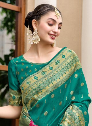 Floral Patch and Weaving Work Silk Blend Classic Saree In Green