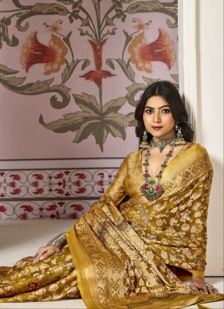 Floral Patch and Woven Work Silk Classic Saree In Mustard for Ceremonial