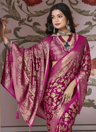 Floral Patch and Woven Work Silk Contemporary Sari In Magenta for Ceremonial