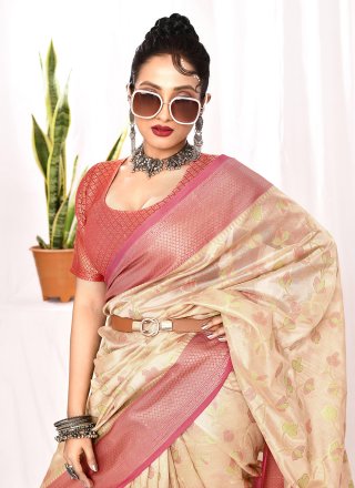 Floral Patch and Woven Work Silk Trendy Saree In Cream Colour