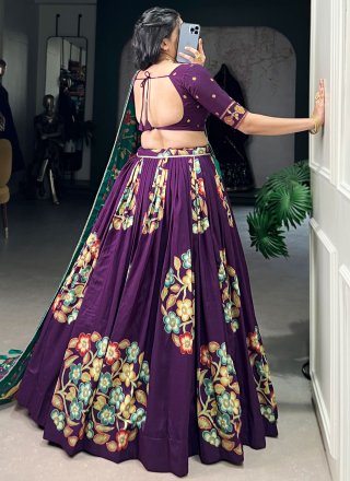 Floral Patch, Foil Print and Lace Work Tussar Silk Lehenga Choli In Purple for Ceremonial