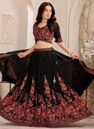 Floral Patch, Sequins and Thread Work Georgette Readymade Lehenga Choli In Black