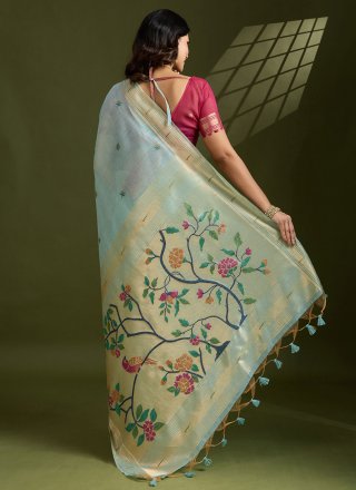 Floral Patch, Thread, Woven and Zari Work Cotton Contemporary Sari In Aqua Blue
