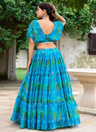 Floral Patch Work Chiffon Readymade Lehenga Choli In Firozi