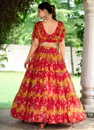 Floral Patch Work Chiffon Readymade Lehenga Choli In Rani and Red for Festival