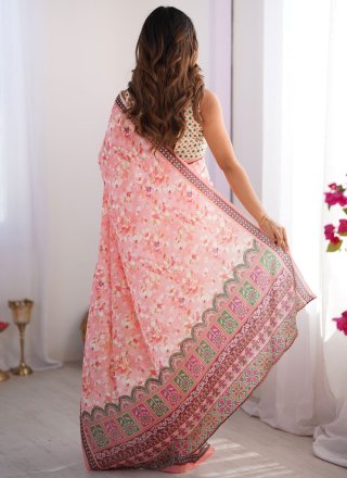 Floral Patch Work Chinon Trendy Saree In Pink Color