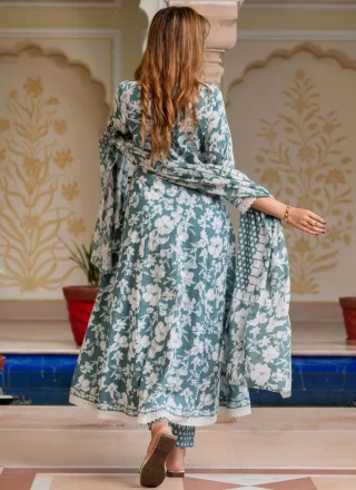 Floral Patch Work Cotton Anarkali Suit In Grey Colour