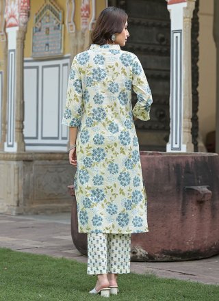 Floral Patch Work Cotton Party Wear Kurti In Off White