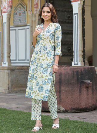 Floral Patch Work Cotton Party Wear Kurti In Off White