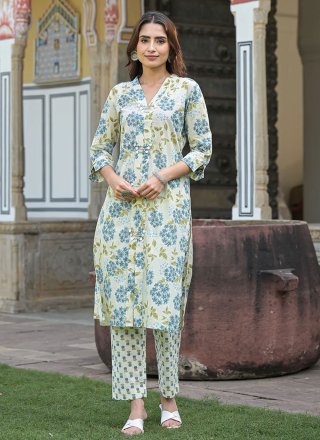 Floral Patch Work Cotton Party Wear Kurti In Off White