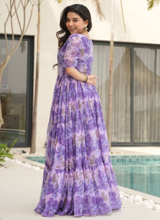 Floral Patch Work Faux Georgette  Designer Gown In Lavender Color