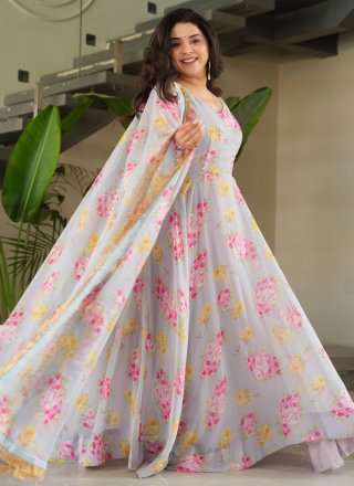 Floral Patch Work Faux Georgette Gown In Grey for Casual