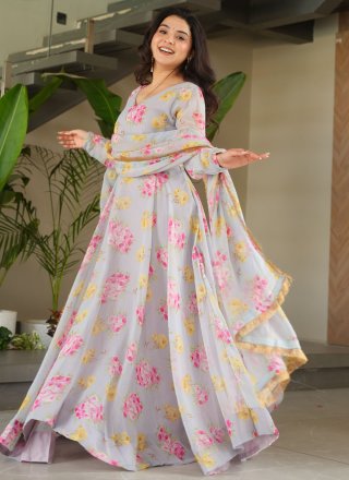 Floral Patch Work Faux Georgette Gown In Grey for Casual