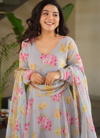 Floral Patch Work Faux Georgette Gown In Grey for Casual