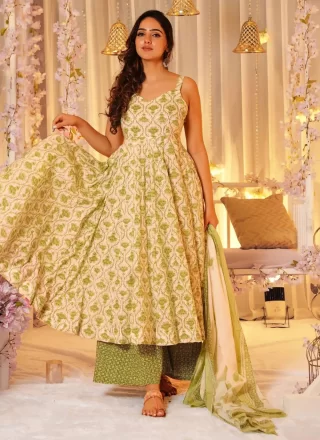 Floral Patch Work Muslin Readymade Salwar Suit In Cream Color