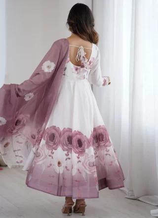 Floral Patch Work Organza Salwar Suit In White Color
