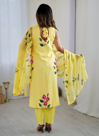 Floral Patch Work Pure Crepe Salwar Suit In Yellow Color
