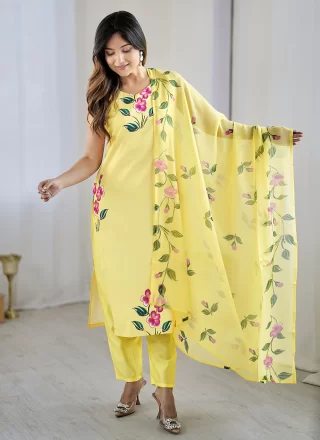 Floral Patch Work Pure Crepe Salwar Suit In Yellow Color