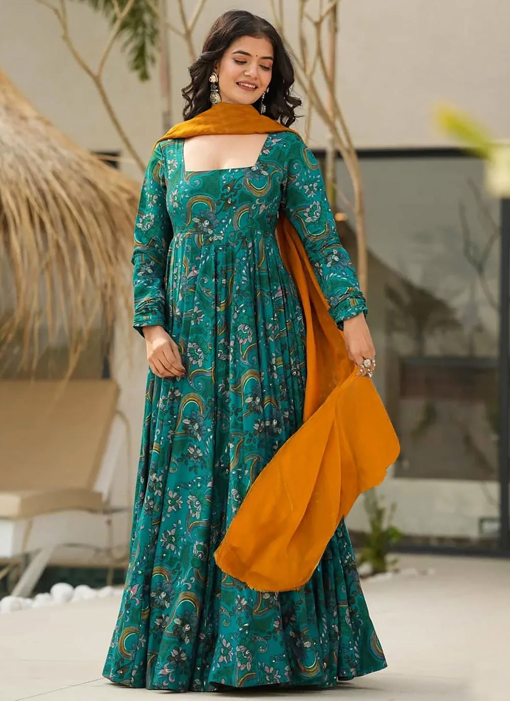 Floral Patch Work Rayon Designer Gown In Multi Colour