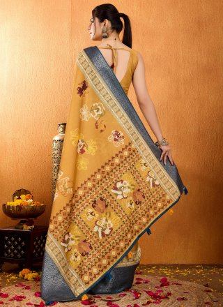 Floral Patch Work Silk Trendy Saree In Mustard Colour