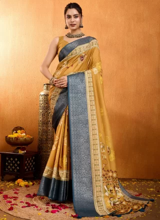 Floral Patch Work Silk Trendy Saree In Mustard Colour