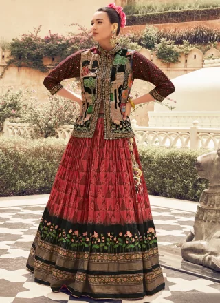 Foil Print and Hand Work Silk Readymade Lehenga Choli In Crimson for Ceremonial