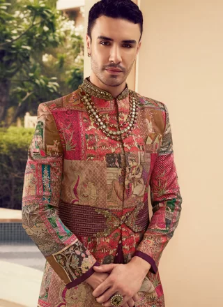 Foil Print and Hand Work Silk Sherwani Mens Wear In Multi Colour