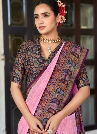 Foil Print and Lucknowi Work Work Georgette Traditional Saree In Pink for Ceremonial