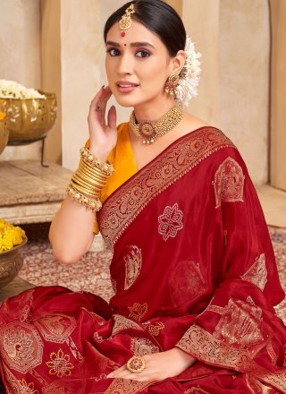 Foil Print, Weaving and Zari Work Silk Traditional Saree In Red