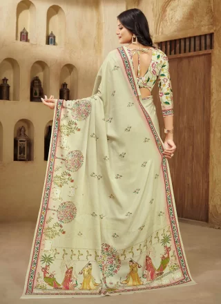 Foil Print Work Crepe Silk Classic Saree In Cream Color