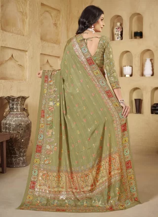 Foil Print Work Crepe Silk Classic Sari In Green Color