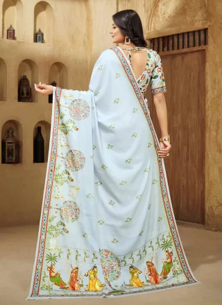 Foil Print Work Crepe Silk Contemporary Saree In Aqua Blue Color