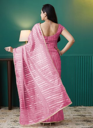 Foil Print Work Organza Trendy Saree In Pink Color